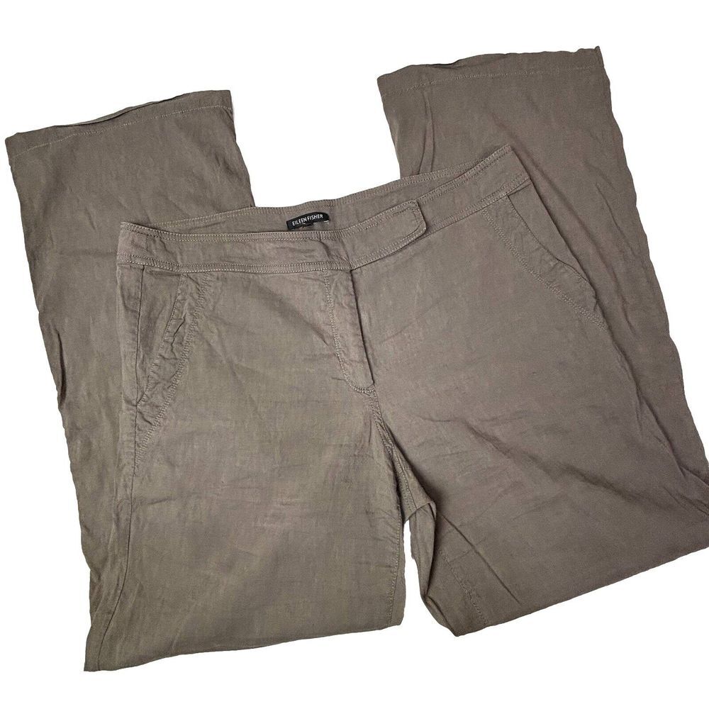Eileen Fisher Linen Bld Pants Stretch Straight Trousers 14 Driftwood $208 EUC